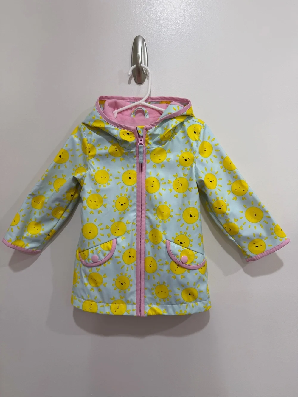 Cat & Jack Yellow Sun Print Hooded Raincoat with Pink Trim